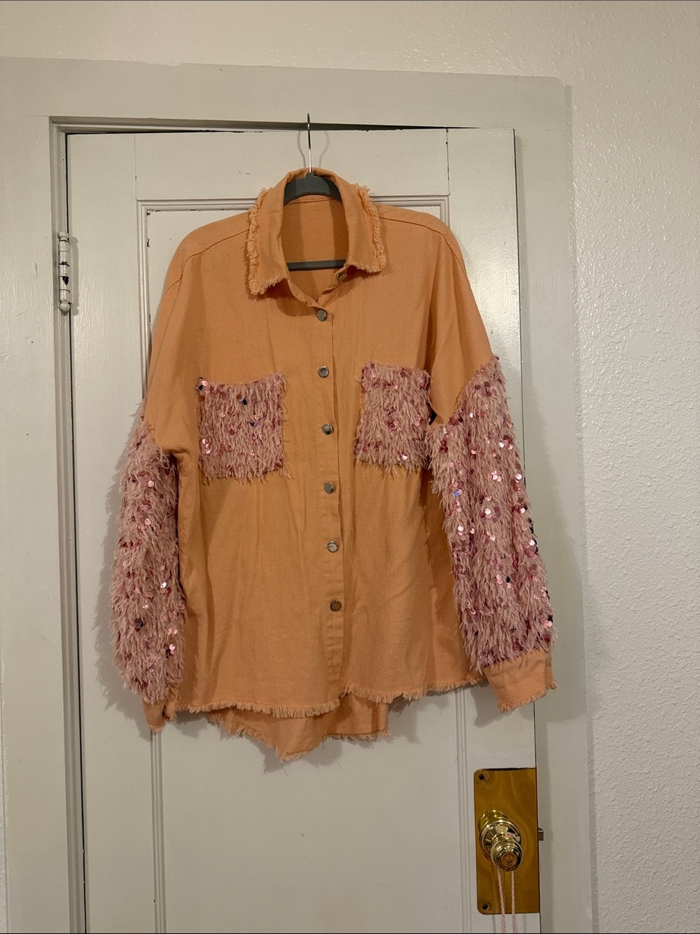 Women’s Peach Button-Front Jean Jacket with Sequin Fringe Sleeves